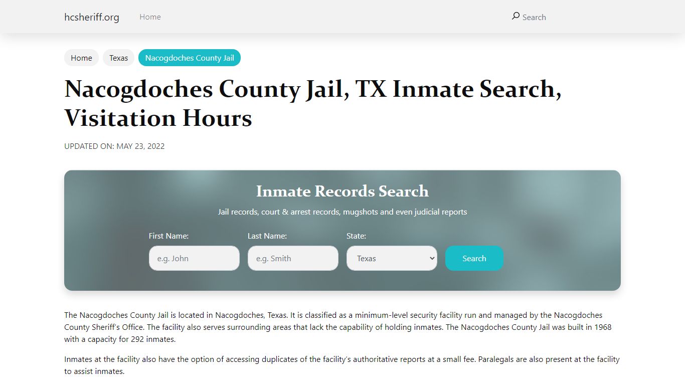 Nacogdoches County Jail, TX Inmate Search, Visitation Hours